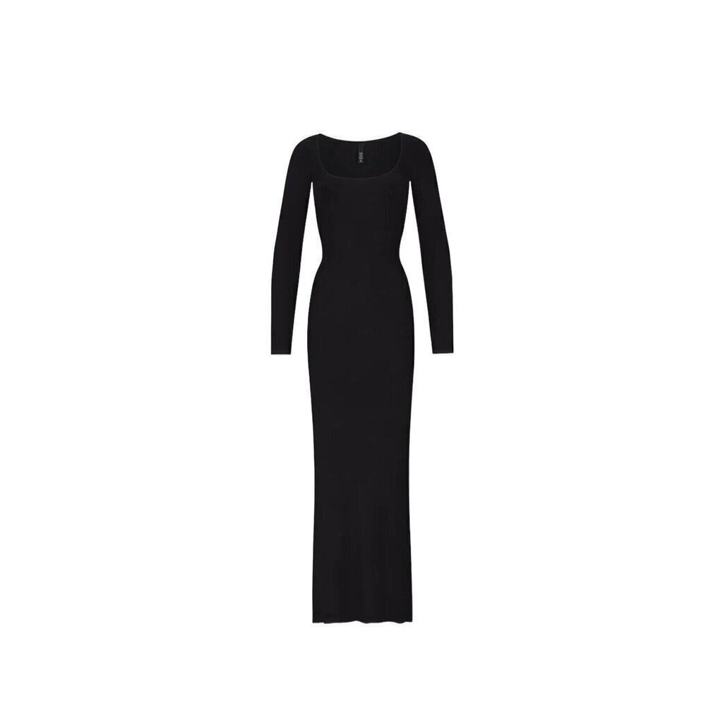 Skims Women's Solid Soft Lounge Long Sleeve Dress Onyx Size Medium NWT - Picture 2 of 7